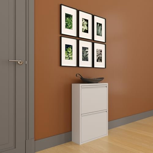 furni24 Schuhschrank Schmal – Platzsparender Metall-Schrank mit Magnetklappen, Platz für 4-6 Paar Schuhe, Robuster Hoher Schuhschrank, Wandmontierbar und Vormontiert - 2 Klappen, Grau