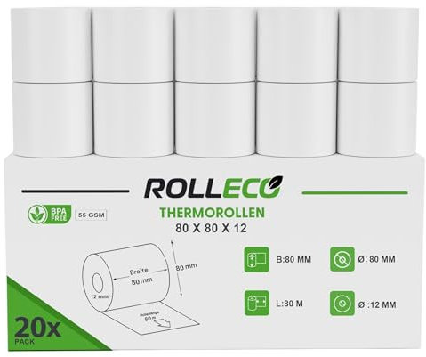 Thermorollen 55gsm 80 x 80m x 12mm Bonrollen/Kassenrollen Bpa frei für alle gängigen Thermo Kassen-Bondrucker B: 80mm x L: 80m Ø80mm (20)