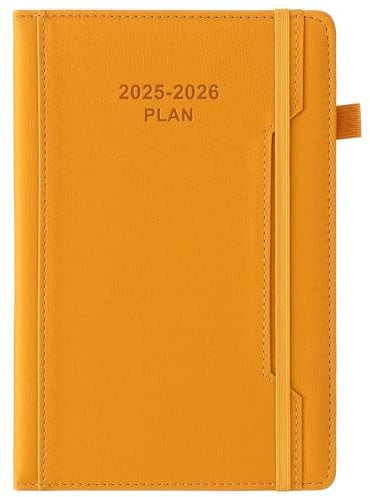 Akademischer Terminplaner, Jahr 2025–26, A5, Seite pro Tag, Mitte Jahr, Juli 2025 bis Juni 2026, Hardcover Agenda mit Stifthalter, Vordertasche, buntes Monatsregister, elastischer Verschluss, Gelb