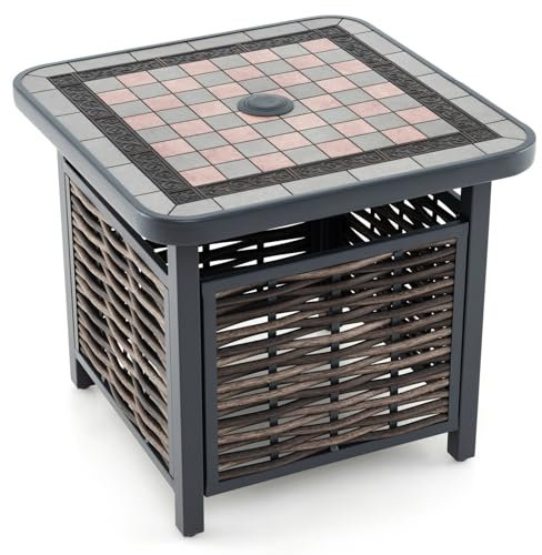 COSTWAY 55cm Patio Rattan Side Table, All-Weather Square PE Wicker Bistro Dining Coffee Tea Table Stand with Umbrella Hole, Resin Top & Metal Frame for Garden Lawn Balcony Backyard