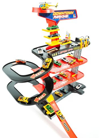 MOLTO | Parking de Juguete Downtown 4 Plantas – Estación de Servicio, Elevador, Lavadero – Parking Infantil con Rampa de Alta Velocidad