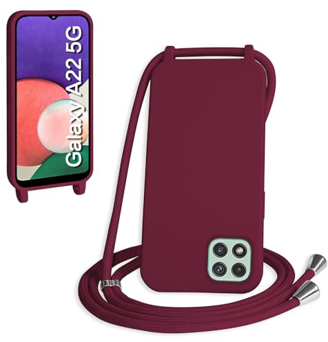 WenBaby Handykette für Samsung Galaxy A22 5G Hülle mit Band,Handyhülle mit Schnur zum Umhängen Silikon Seil Necklace Schutzhülle mit Kordel Tasche Case TPU Bumper für Galaxy A22 5G- Rot