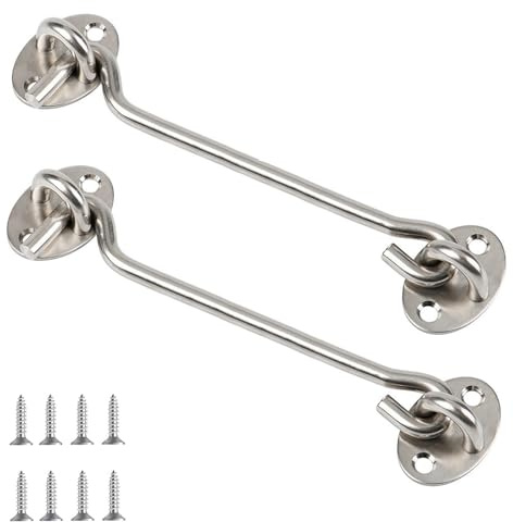 Zydiwo 2 Pieces Hook and Eye Hooks for Cabin and Lock Eye Stainless Steel Cabin Hook for Shed Windows Garage (Silver-8 Inch)