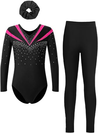 Sinleey 3 Teiliges Gymnastikset Langarm Gymnastikanzug Turnanzug mit Hose Leggings und Haarband Sportanzug Tanz Eiskunstlauf