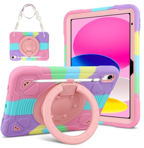 Vunake for iPad A16 Case 11th Generation 11 Inch 2025,for iPad 10th Generation Case 10.9 Inch 2022 Heavy Duty Shockproof with Pencil Holder Shoulder Strap Rotating Stand for Kids Colorful
