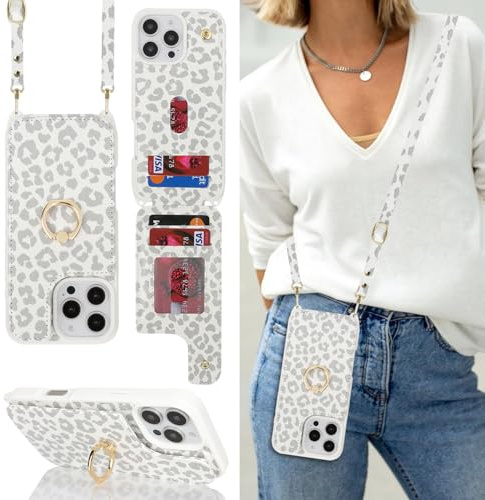 Cavor Phone Case Compatible with iPhone 16 Pro Case With Card Holder With Strap,Flip Leather Wallet Case with Lanyard,Ring Kickstand Shockproof Cover Case for iPhone 16 Pro - White Leopard