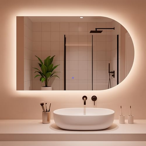LARDECOR - Espejo de Pared Decorativo en Forma de Arco con Luz LED Regulable 3000K/4000K/6000K【90 x 60 cm】 Diseño Elíptico, Función Antivaho con Interruptor Táctil, Instalación Fácil