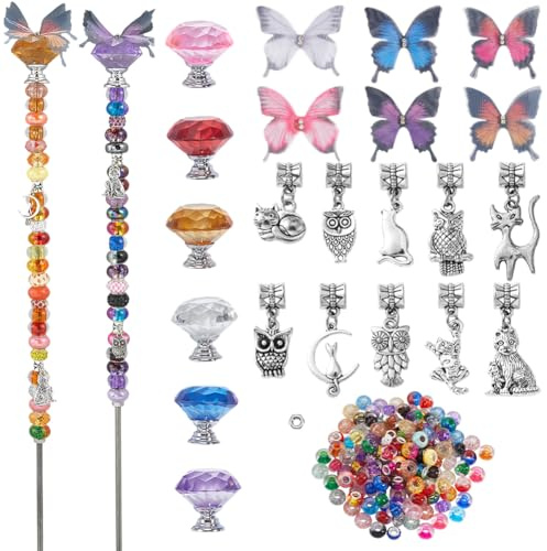 SUNNYCLUE 194 Stück DIY Gartenstecker Set Perlen Gartenstecker Feenstäbe Organza Schmetterling Großes Loch Europäische Perlen Glänzende Anhänger Feenstab Set Für Garten Pflanzen Urlaub Innen Und Auße