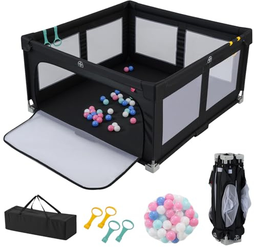 DREAMADE Laufstall Baby Faltbar, 150 x 150 x 76,5 cm, Laufgitter mit Atmungsaktivem Netz, inkl. 50 Ozeanbällen, 4 Haltegriffen & Tragetasche, Playpen für Baby 0-3 Jahre (Schwarz)