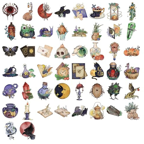 50 Verschiedene Cartoon Hexen Aufkleber Wasserfeste PVC Aufkleber Mit Magischen Symbolen Vintage Designs Geeignet Zum Basteln Dekorieren Wasserfeste Dekorationsaufkleber