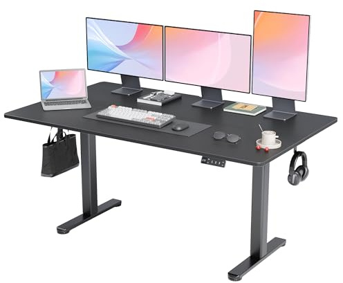 Claiks Höhenverstellbarer Schreibtisch 160x80cm Schwarz | 60x60mm Stahlbeine, 70kg Tragkraft, 3-fach Memory mit Display, leiser Motor ≤40dB, 72-118cm verstellbar