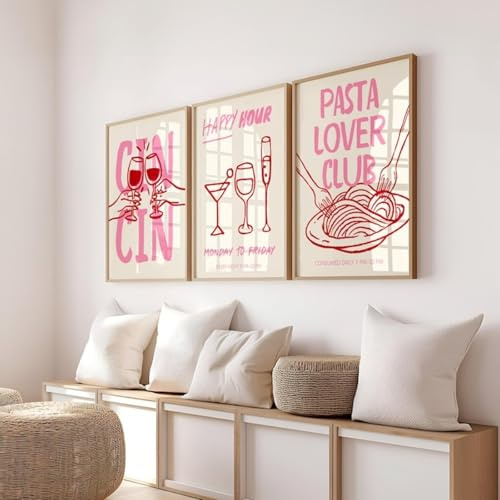 Xiyocadt 3er Poster Set,Küche Wandbilder Kunstdruck Kaffee Pasta Wein Bild,Rosa Cocktail Poster,Vintage Bilder für Küche Wohnzimmer Deko Küche Aesthetic Deko,Ohne Rahmen (40x50cm)