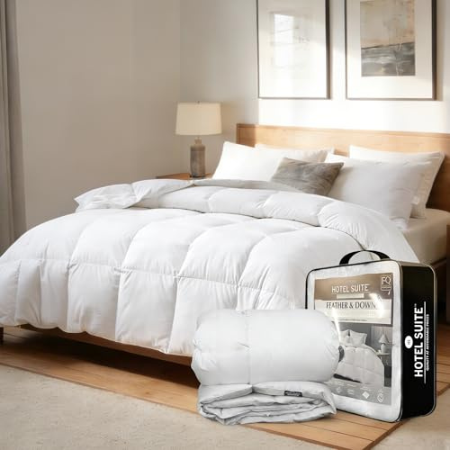 Hotel Suite Feather Down Comforter, Natural Fluffy Duvet Insert, Luxurious Hotel Collection Quilts, All Season Bedding Comforter, 100% Cotton Cover（Twin Size, 68 x 88 Inch, White）