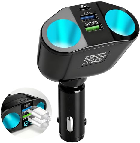 5-in-1 Auto Zigarettenanzünder Verteiler, Auto Ladegerät Adapter Zigaretten | Verteiler Adapter 12V/24V mit LED Voltmeter Dual USB, Universal Kompatibel für PKW, SUV, LKW, Tablet Handy