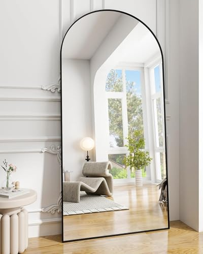 BEAUTYPEAK Großer Bogen Ganzkörperspiegel 180x67 cm, Gewölbter Standspiegel hängend oder lehnend an die Wand, groß Bodenspiegel mit Ständer für Schlafzimmer, Wohnzimmer oder Ankleidezimmer, Schwarz
