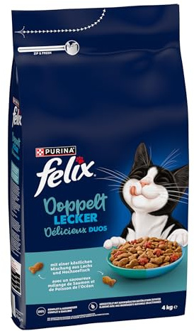 FELIX Doppelt Lecker, mit Lachs, Hochseefisch, 4 x 4kg | reich an Rote Bete, Katzenfutter trocken