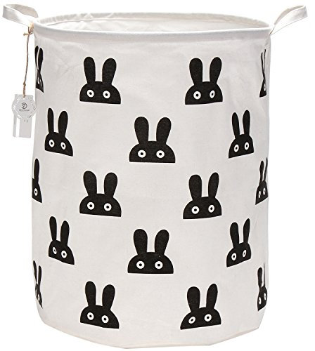 Sea Team 19.7 Inch Large Sized Waterproof Coating Ramie Cotton Fabric Folding Laundry Hamper Bucket Cylindric Burlap Canvas Storage Basket with Stylish Black Bunny Design