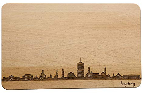 SNEG Brotzeitbrett Augsburg Skyline | Frühstücksbrettchen aus Buche | Holz Schneidbrett | Geschenk mit Gravur | Frühstücksbrett | Bayern (22x14x1 cm - ohne persönlicher Gravur)