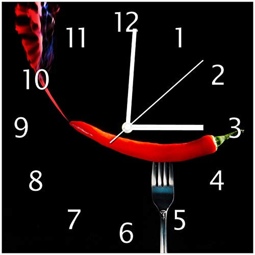 Wallario Design-Wanduhr Rauchende Chili-Schote an Einer Gabel aus Glas, Motiv-Uhr Größe 30 x 30 cm, weiße Zeiger