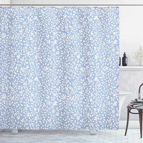 ABAKUHAUS Blau Weiss Duschvorhang, Landhausstil, Stoffliches Gewebe Badezimmerdekorationsset mit Haken, 175 x 180 cm, Baby Blue Weiß