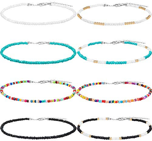 Hicarer Halskette mit kleinen Perlen, Choker, Boho, bunt, Regenbogen-Schmuck, Kette für Frauen und Mädchen, verstellbar 30,5 – 30,6 cm (12 – 16 Zoll) (Farbspiel 1, 8 Stück), Legierung und Glas,