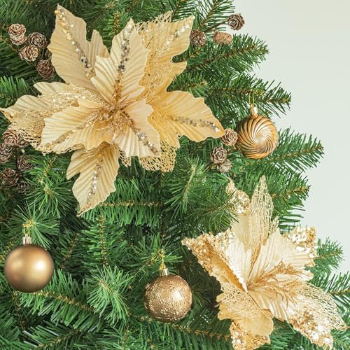 KI Store 6 Stück Große weihnachtsblumen Poinsettia 30cm Künstliche Christbaumschmuck Blumen weihnachtsbaumschmuck Champagner Picks Spray für Weihnachtsbasteln Tisch, Haus, DIY Kranz und Girlande