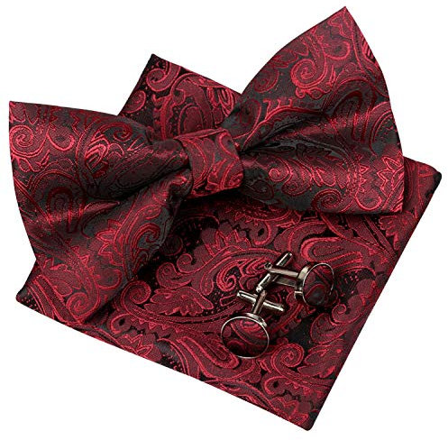 Alizeal Mens Handmade Paisley Vorgebundene Fliege, Einstecktuch und Manschettenknöpfe Set, Kastanienbraun