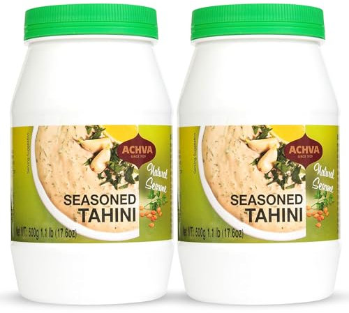 Achva Seasoned Tahini Paste - Natural Sesame Paste - Rich Creamy Taste for Hummus - Tahini Sauce & Dressing - Kosher, Vegan Gluten Free, Peanut Free & Non-GMO (2 Jars of 500g)