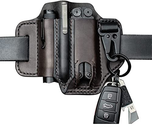 Yunobi Leather Multi-tool Sheath (Black) - Belt Loop EDC Organizer Pouch with Key Holder and Flashlight Sheath