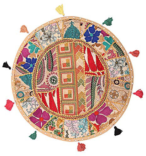 Stylo Culture Baumwolle Round Sitzkissen Bodenkissenbezug Vintage Bohemian Besticktes Patchwork Fußhocker Sofakissen Beige Yoga Überwurf Kissenbezug 18 Dekoratives Dekor Sitztuffet Sitzhocker