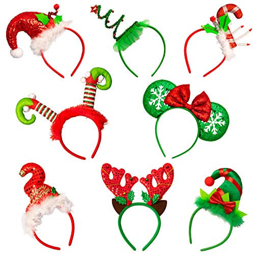 Whaline Christmas Headbands 8Pcs Xmas Tree Reindeer Antler Mickey Elf Head Hat Toppers Flexible Red Green Holiday hair Hoops for Christmas Holiday Party Photo Booth Favors