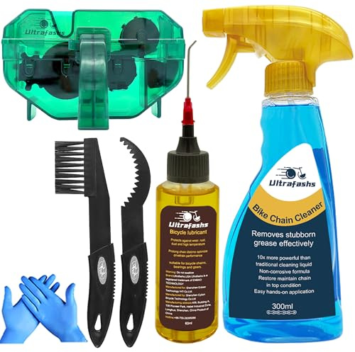 Ultrafashs Bike Cleaning Kit - 7-Piece Essential Set with Degreaser 10oz, Wet Lube 2oz, Chain Scrubber & Brush for Chain Maintenance