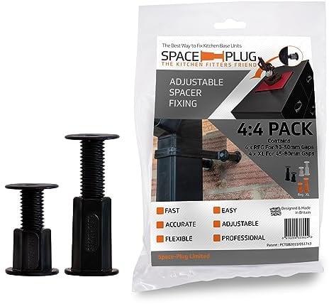 Space-Plug Adjustable Spacer Fixings 8 Pack of Black Spacers, (4 Regular size for 30-50mm gaps, 4 XL size for 45-80mm gaps), Professional & DIY use for kitchen, bedroom & bathroom installations