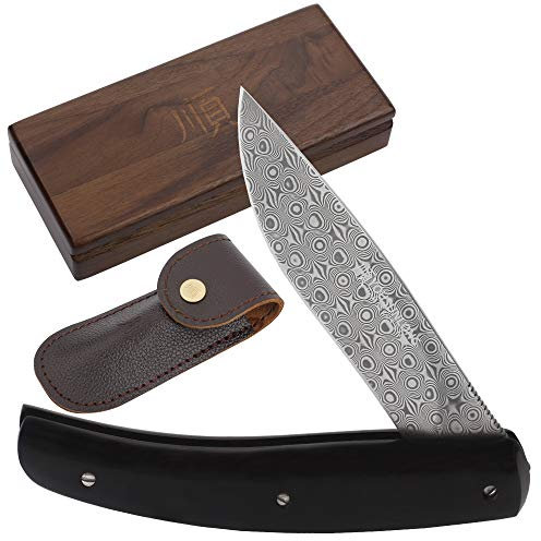 YOUSUNLONG Coltello pieghevole - Totale 186mm - Coltello tascabile per la sopravvivenza, l'escursionismo, la pesca, il campeggio - Acciaio Damasco - Manico in ebano naturale con fodero in pelle