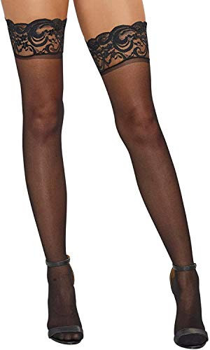 JFAN Medias para Mujer de Encaje Antideslizante de Seda Pantyhose de Medias Altos de Muslo Una Talla Negro