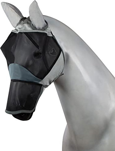 Horze Pferde Fliegenmaske Eira, Fliegenhaube mit Ohren und Nüsternschutz, Grau, P