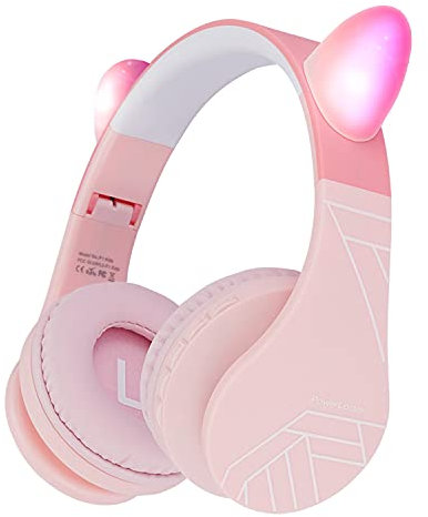 PowerLocus Bluetooth Headphones for Kids, Kids Wireless Headphones Cat Ear LED Light Up, Foldable Volume Limited Headphone with Microphone Wireless/Wired Headset with Micro SD/TF for Phones/PC/iPad