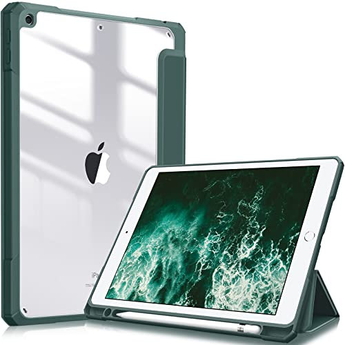 Fintie Hybrid Hülle für 10.2 Zoll iPad 9. Generation 2021/8. Gen 2020/7. Gen 2019 mit Stifthalter - Stoßfeste Schutzhülle mit transparenter Hartschale auf der Rückseite, Dunkelgrün