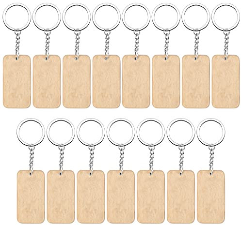 15 Pcs Wooden Key Chain, Blank Wooden Keyring with Split Ring, Personalized Natural Wooden Key Tag Rectangle Keychain for Keys Women Men Gift DIY Crafts Decoration Pyrography (Rectangle with Chain)