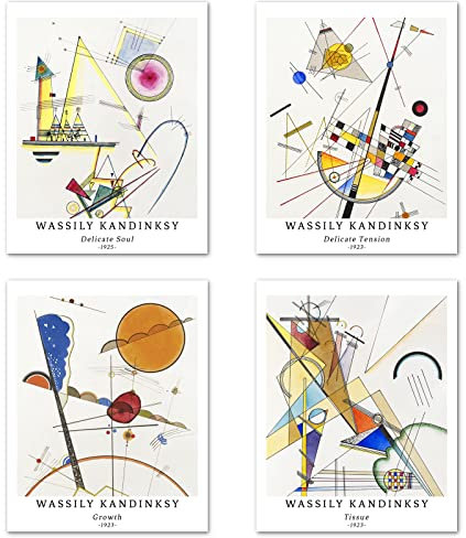 Berkin Arts Kunstdruck Ungerahmt Abstrakt Geometrische Bilder Set von 4, Poster Größe: 28x35 cm Premium Kunstpapier Wanddeko Beige Illustration Passenden Collage Deko Wassily kandinsky Paintings