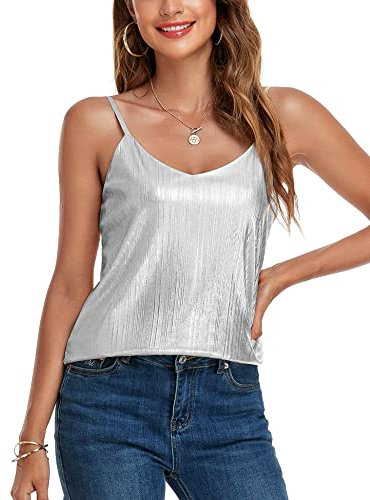 VIDUSSA Damen Funkelnde Tops Ärmellose Camisole Tank Tops Pailletten V-Ausschnitt Oberteile Shirt Blusen Silber XL