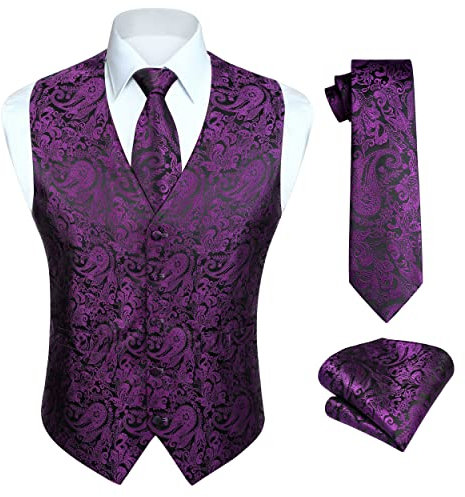 HISDERN Gilet viola Gilet Paisley da uomo Cravatta jacquard Fazzoletto da taschino Fazzoletto da festa di nozze Set completo di gilet da lavoro L