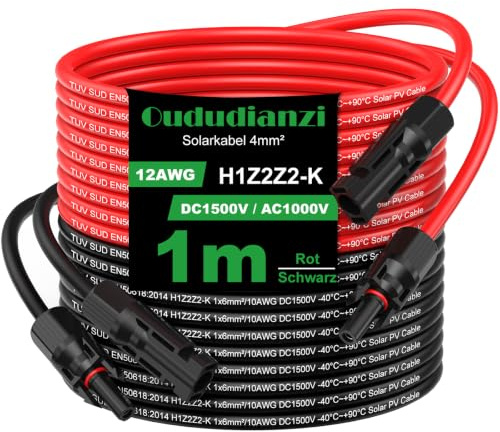 Oududianzi Solarkabel 4mm2/6mm2, Solarkabel Verlängerung 1/2/3/5/8/10/15/20/30m, Photovoltaik Kabel, PV Kabel 4mm2 mit Solarstecker, Verlängerungskabel Balkonkraftwerk für Solarpanel(2x1m 4mm²)