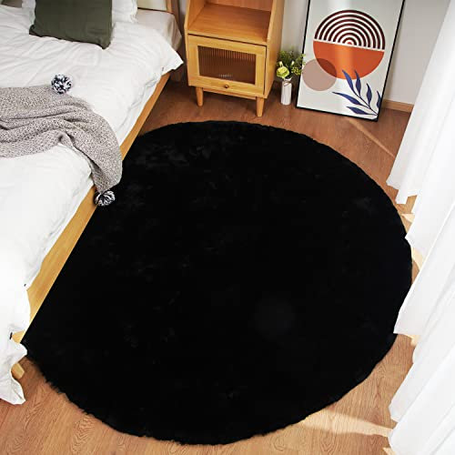 Ghouse Teppich Rund 180x180 cm Schwarz Flauschig Weich Wohnzimmer Schlafzimmer Dekoration rutschfest Kurzflor Teppich Waschbarer Carpet