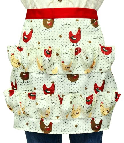 FESSOSKO Vorbinder Schürze, Eierschürze, 12 tiefe Taschen Eier-Sammelschürze, Hühner, Ente, Gänse, Eierhalter Schürze, Kochschürze Backschürze, für Hausfrau, Bauernhaus - Erwachsene (rot)