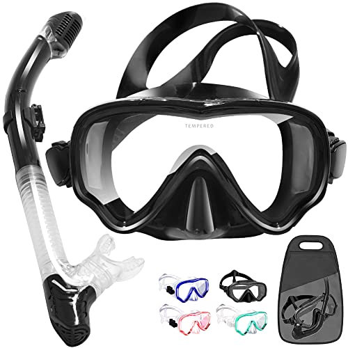 HINATAA Gafas de Buceo Panorámico 180° con Vidrio Templado, Antivaho y Tubo de Snorkel Seco Antifugas para Mujeres y Hombres