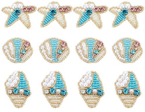 WEBEEDY 12 Stück Seestern Conch Muscheln Patch Applikation Handgefertigte Perlen Bügelbild Aufnäher mit Pailletten pplikation Kleidung Schuhe Taschen Dekoration Patch DIY
