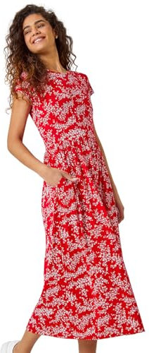Roman Midi Dress with Pockets for Women UK Ladies Stretchy Jersey Maxi Long Short Sleeve Elasticated Gathered High Waist Boho Flattering Skater Swing Fit Flare - Petite Red Ivory - Size 18