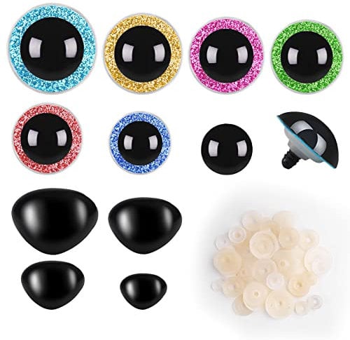 105 Stück Sicherheitsaugen für Häkeltiere,Amigurumi Häkeln Buch, Glitzer Augen zum Basteln, Knopfaugen für Häkeltiere, Glasaugen mit Sicherheitsnasen für DIY Häckelarbeiten Teddyaugen - 7 Größen