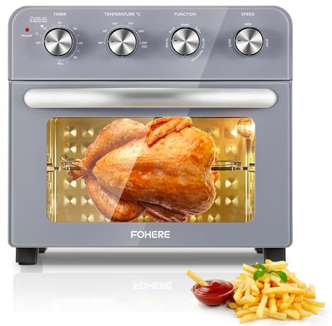 FOHERE Friggitrice ad Aria con Girarrosto 23L, 1700 W Mini Forno ad Aria Calda, Facile da Usare, Controllo Indipendente della Temperatura per il Risparmio Energetico, 6 Accessori, Grigio